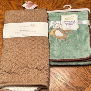 NWT Baby Essentials Brown Knit Blanket and Green Fleece Stroller Blanket.